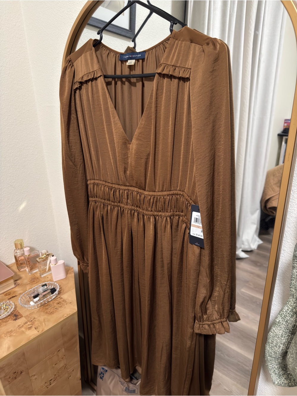 Tommy Hilfiger Brown Long-Sleeve V-Neck Midi Dress